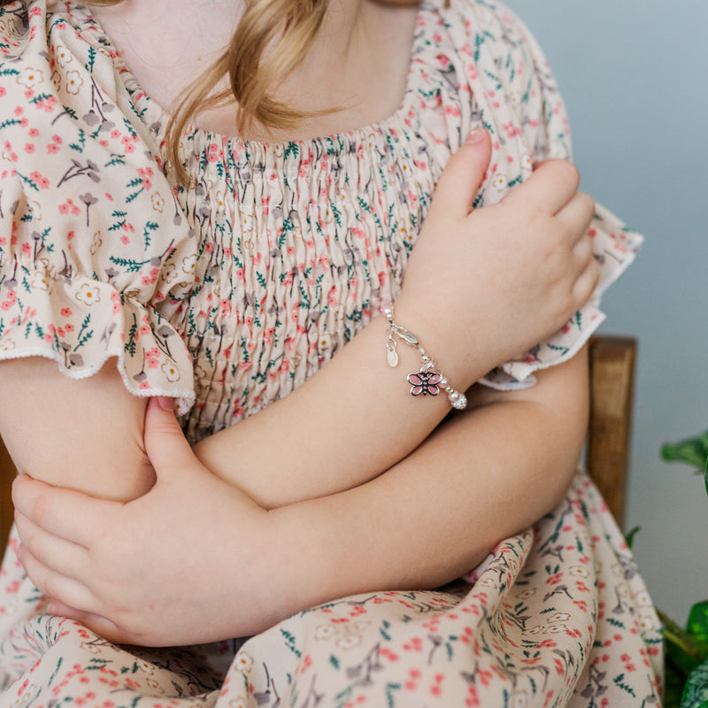 Girl wearing Sterling Silver Pink Butterfly Bracelet