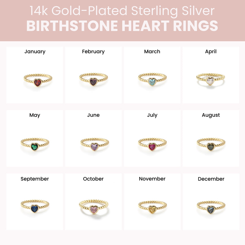 14k Gold-Plated Sterling Silver Birthstone Heart Rings displayed by month on a white background.