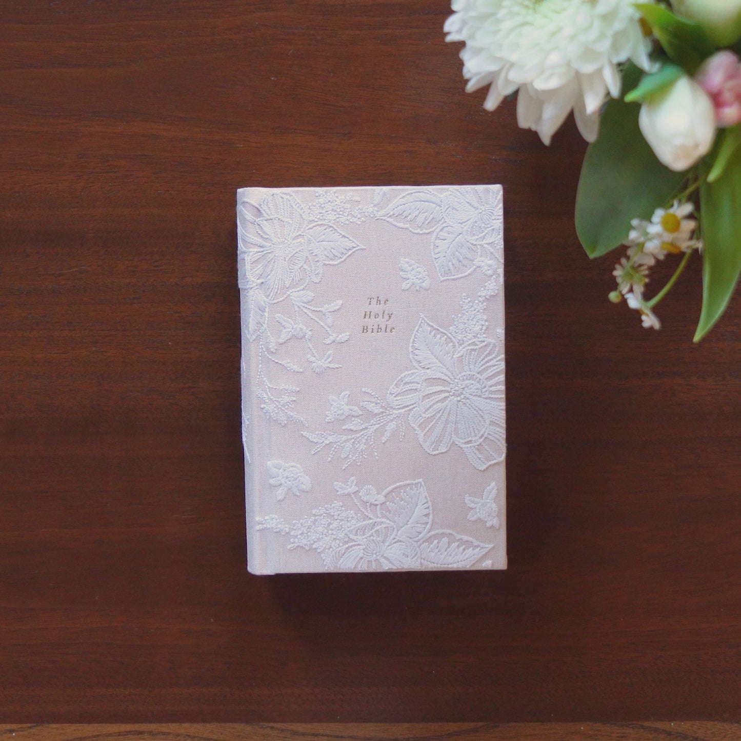 Girl's Floral White Embroidered Bible with Gold-Gilded Pages