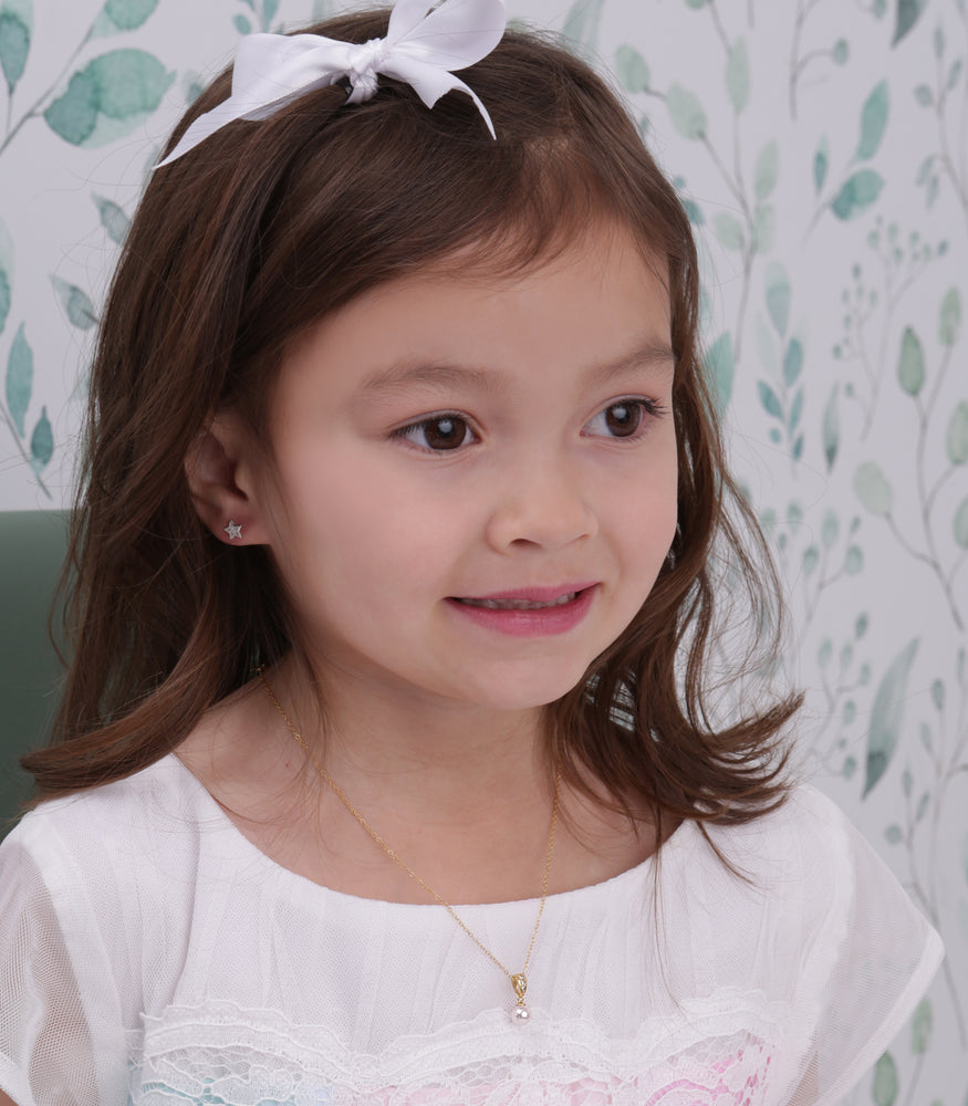 Girl wearing Sterling Silver Child's White Pearl Necklace
