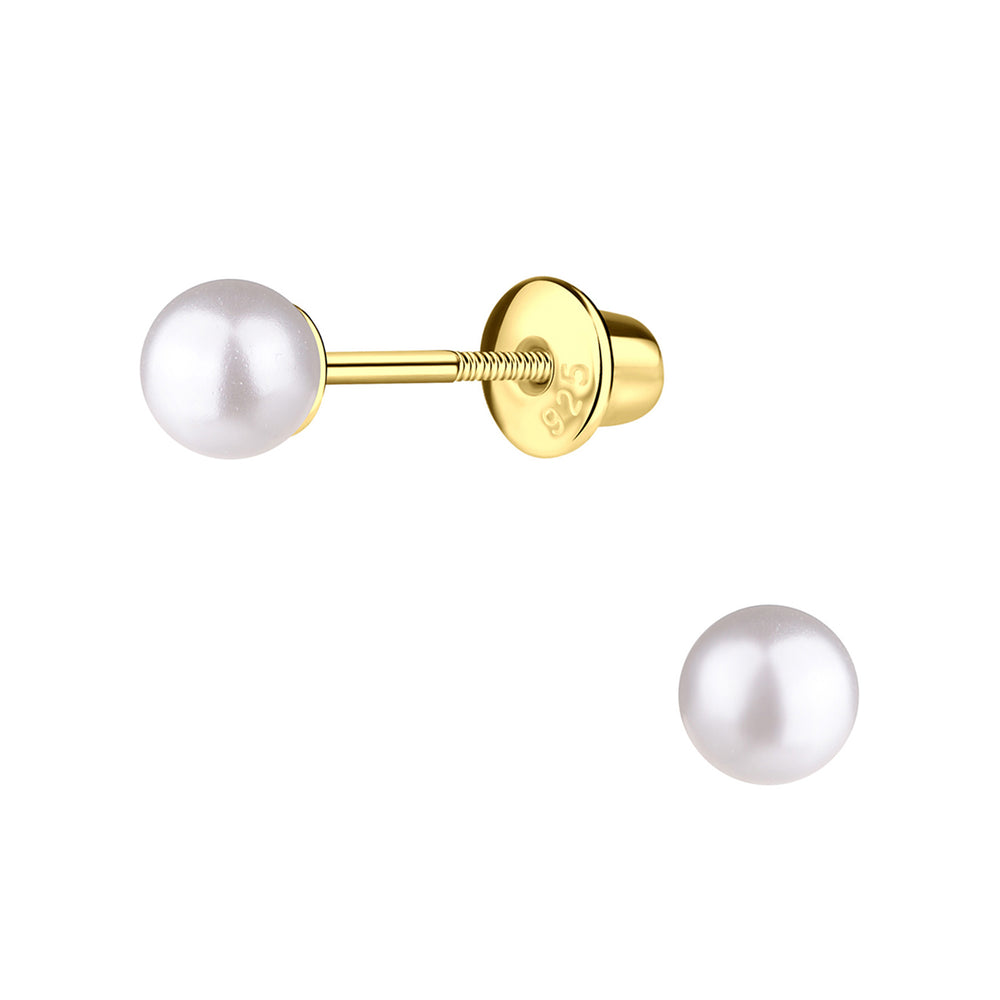 Girls 14K Gold Plated White Pearl Stud Screw Back Earrings for