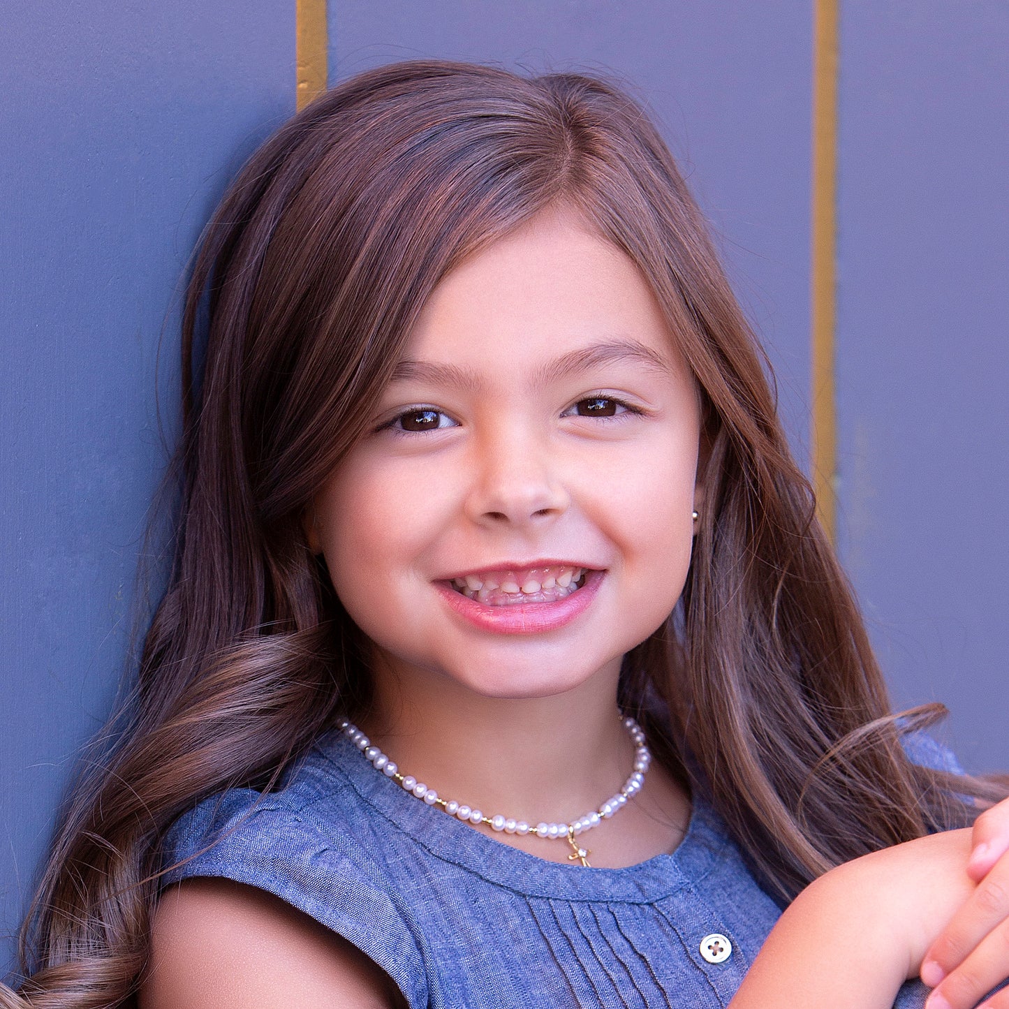 girl wears Pearl Cross Necklace for Children